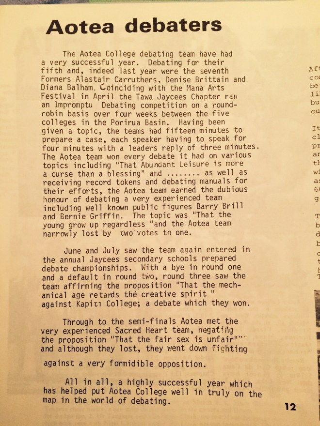 The 1982 write-up in the school magazine we edited, about our debating successes.